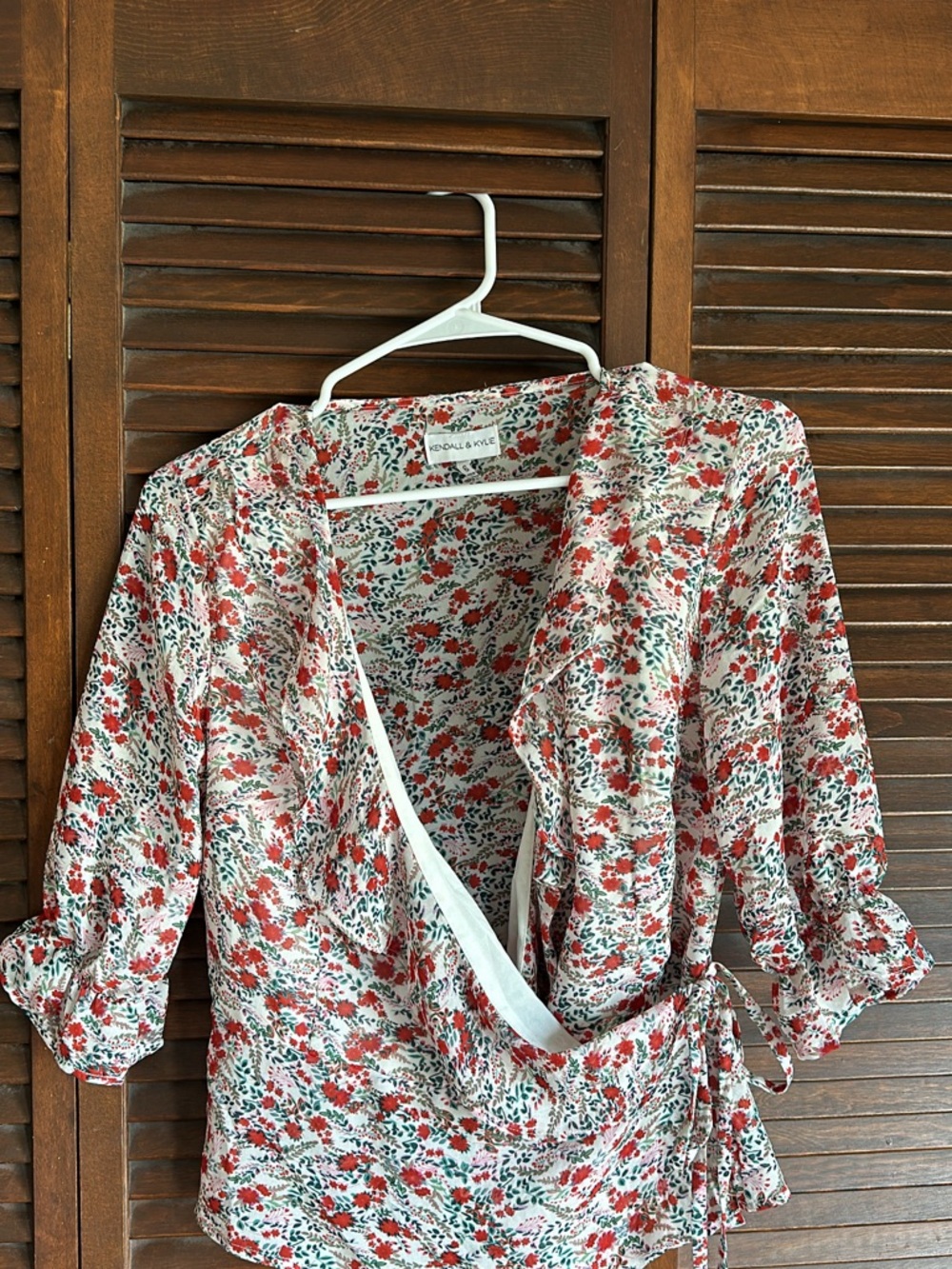 Kendall & Kylie Cream Floral Wrap Blouse with Red Print